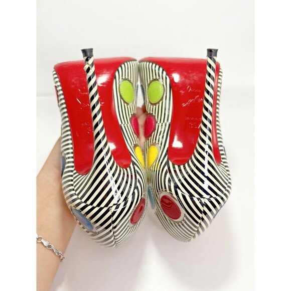Christian Louboutin Lady Bug Heels Navy/White Stripes Bright Polka Dots Sz 35.5 - Picture 14 of 16